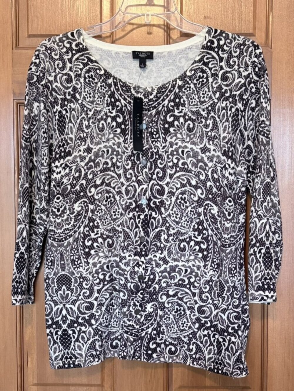 Talbots Petite Black Cream Print 3/4 Sleeve Cardigan Petite Large NWT